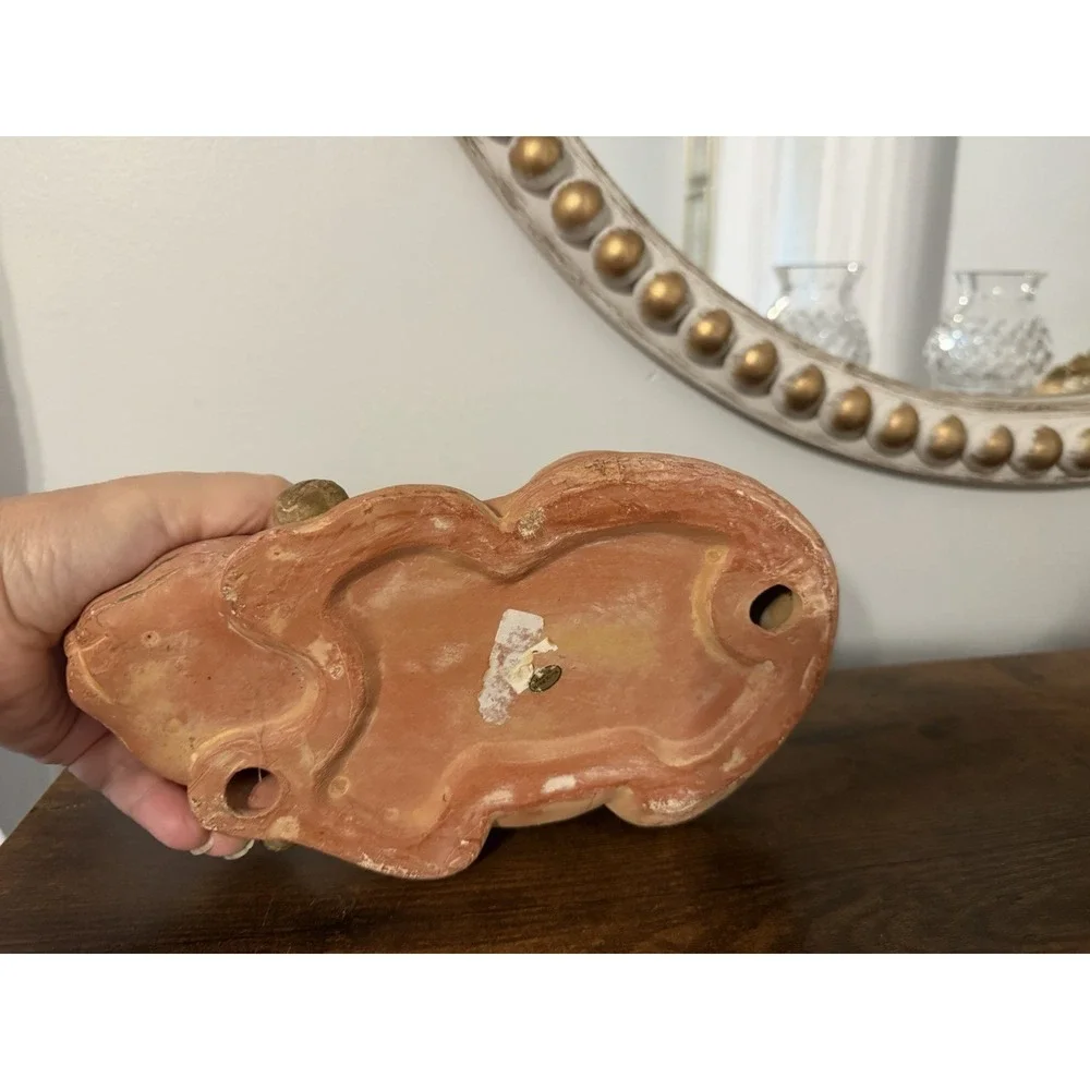 Vintage Hong Kong Terra Cotta Sleeping Cat Figurine Bell Collar 9